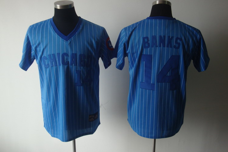 Cubs #14 Ernie Banks Blue White Strip Stitched Cooperstown Throwback MLB Jersey - Click Image to Close